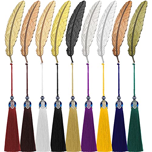 Zonon 18 Pcs Metal Feather Bookmarks with Tassels, Vintage Assorted
