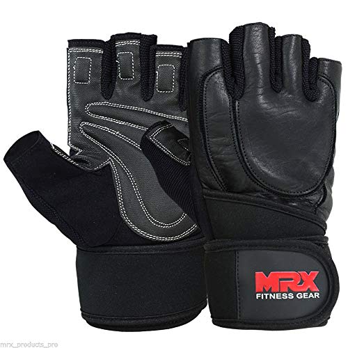 MRX Weight Lifting Pro Level Gloves with 18 Inches Long Wrist Strap Gym Workout Exercise & Fitness in - color: Black/Leather, size: Medium