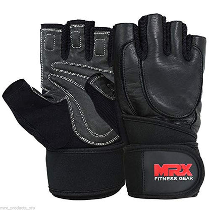 MRX Weight Lifting Pro Level Gloves with 18 Inches Long Wrist Strap Gym Workout Exercise & Fitness in - color: Black/Leather, size: XX-Large