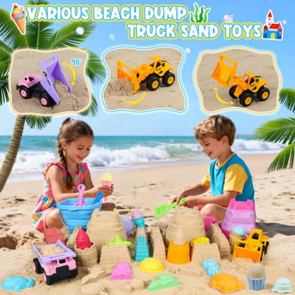 EULRGAUS Beach Toys with 2 Trucks, Collapsible Buckets for Kids Ages 3-12 | 2 Construction Vehicles, Sand Molds, Mesh Bags for Sandbox, Backyard, Summer Trips, Beach Games, Multi-Scene Outdoor Fun