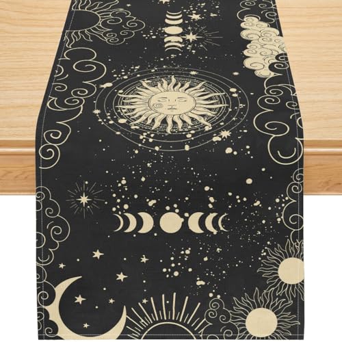 Celestial Sun Moon Table Runner, Black and Beige Boho Astrology Lunar Phase Cotton Linen Tabletop Decor for Dining Room Kitchen Parties – 13x36 Inch - color: Black Sun Moon, size: 13x36inch