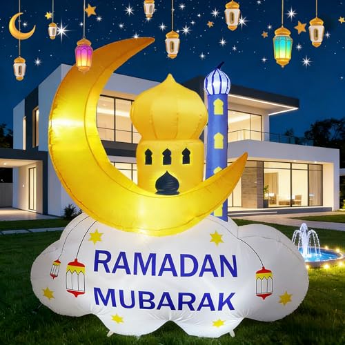 6FT Inflatable Ramadan Moon Muslim Decoration, Waterproof Outdoor Inflatable Eid Mubarak Yard Decor with LED Lights, Blow Islamic Eid Ramadan Mubarak Up Decor for Fasting Introspection Prayer - style: Yellow