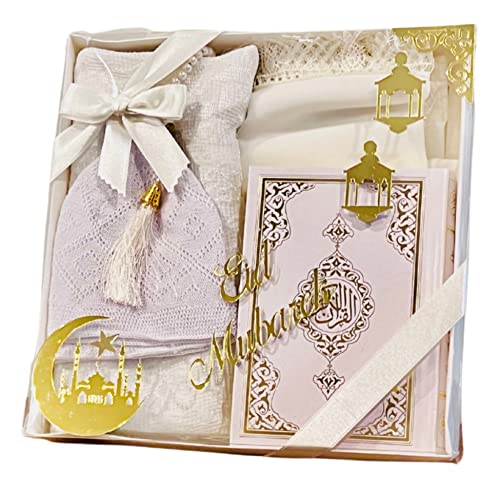 Eid Gift Set - Islamic Prayer Rug (Janamaz), Scarf, Prayer Cap, Pearl Tasbih & Quran, 5pc Eid Essentials (White) - color: White
