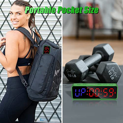 Portable Gym Workout Timer, Fitness Clock with The Rubber Case and Built-in Magnetic Spine, Large LED Digital Anti Vertigo Display, for Home Garage Schools (Black) - color: Green