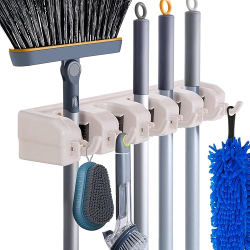HYRIXDIRECT Broom Hanger Wall Mount, Broom Mop Organizer for Garage | 5 slots, 6 hooks, 7.5 lbs/slot, heavy-duty, space-saving, fits long-handled tools, mops, rakes, shovels, garage, shed - color: Beige
