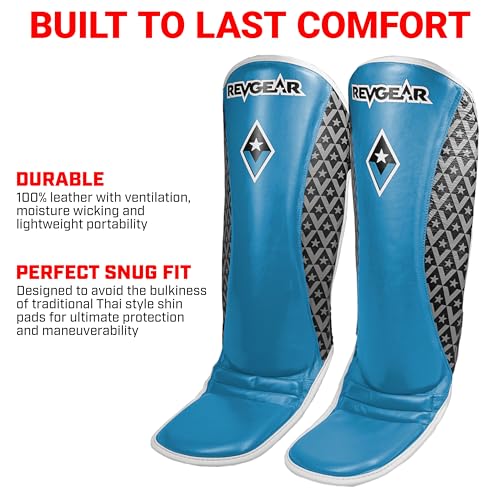Revgear Superlite Light Weight Leather Shin Guards | for Martial Arts/MMA - color: Blue, size: Large