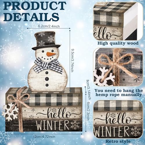 4 Pcs Winter Snowman Decor Hello Winter Table Decorations Christmas Tiered Tray Decor Centerpiece Indoor Rustic Wooden Snowman Block Sign Gift Farmhouse for Home Kitchen Shelf - style: Snowman