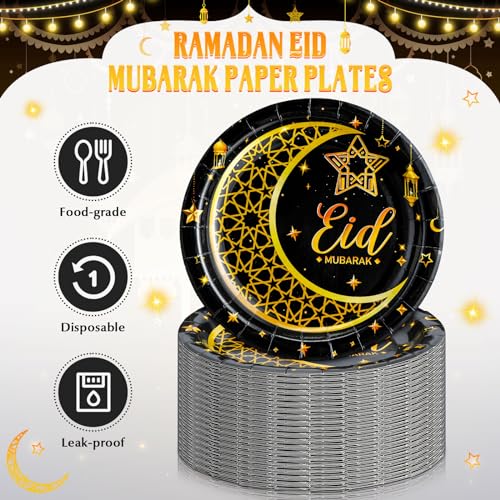 SiliFine 100 Pcs Eid Al Adha Islamic Ramadan Party Decorations Supplies Eid Adha Muslim Paper Plate Bulk 7 Inch Disposable Dessert Plate Mubarak Dinner Tableware Decoration(Black and Gold)