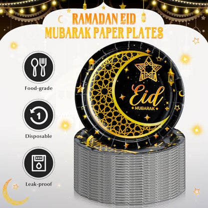 SiliFine 100 Pcs Eid Al Adha Islamic Ramadan Party Decorations Supplies Eid Adha Muslim Paper Plate Bulk 7 Inch Disposable Dessert Plate Mubarak Dinner Tableware Decoration(Black and Gold)
