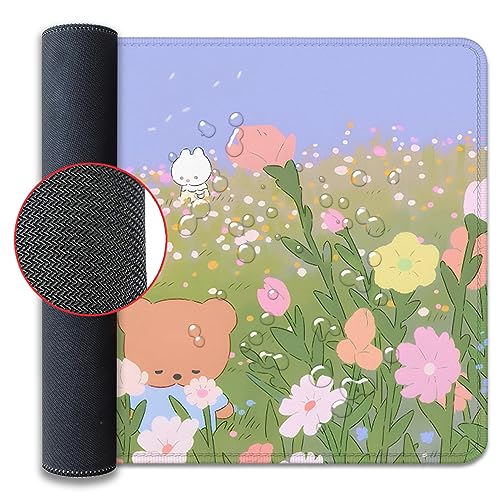 Flower Desk Pad Mouse Pad，Large Cartoon Cute Mouse Pads with Stitched Edges,Non-Slip Waterproof Rubber Base,Kawaii Nature Desk Mat for Desktop,Keyboard Pad for Office Home Work(27.5X11.8 in) - color: Bear and Flower