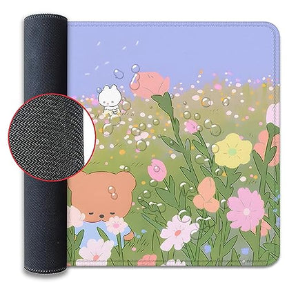 Flower Desk Pad Mouse Pad，Large Cartoon Cute Mouse Pads with Stitched Edges,Non-Slip Waterproof Rubber Base,Kawaii Nature Desk Mat for Desktop,Keyboard Pad for Office Home Work(27.5X11.8 in) - color: Bear and Flower