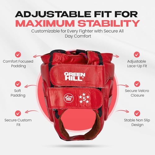 Boxing Headgear for Men & Women – MMA & Muay Thai Sparring Gear, Five Star AIBA-Approved Leather Head Guard - color: Red