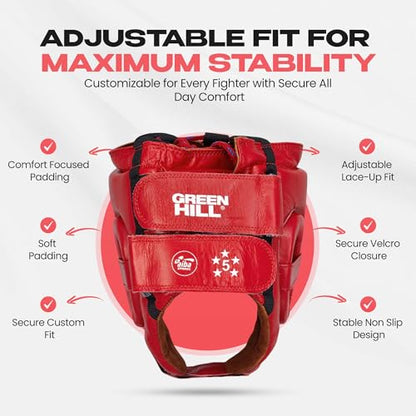 Boxing Headgear for Men & Women – MMA & Muay Thai Sparring Gear, Five Star AIBA-Approved Leather Head Guard - color: Red
