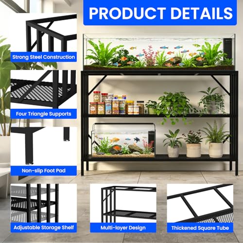 55-75 Gallon Fish Tank Stand, Heavy Duty Metal Aquarium Stand, 3-Tier Adjustable Storage Shelf for Home and Office, 1000LBS Capacity, Black (Tank not Included), 49.6''L×15''W×30''H - size: 55-75 Gallon without Power Outlet