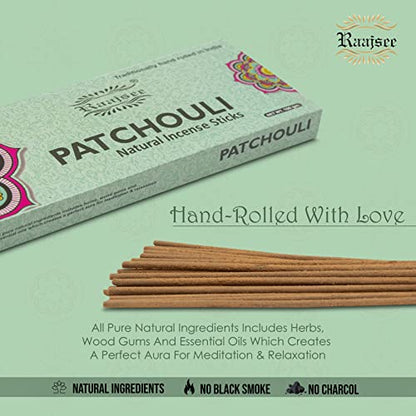 Raajsee Patchouli Incense Sticks 100 gm Pack-100% Pure Organic Natural Hand Rolled Free from Chemicals-Perfect for Church,Aromatherapy,Relaxation,Meditation,Positivity & Sensual Therapy - color: Patchouli