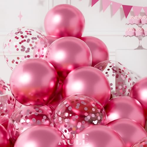 AULE Party Balloons Pack of 42 - Metallic Chrome Pink Balloons and Pink Confetti Latex Helium Balloons With 64ft Ribbons - 12 Inch Balloon Decoration Set - color: Pink