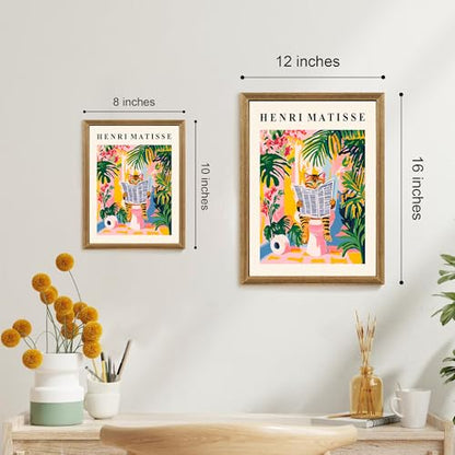 ICHZUMW Framed Funny Tabby Cat Matisse Canvas Bathroom Wall Art, 12x16 In - color: Matisse Reader, size: 16"L x 12"W