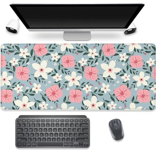 Retro White Pink Flowers Desk Pad Mouse Pad,Extended Large Gaming Floral Mouse Mat with Stitched Edges,Non-Slip Waterproof Rubber Base Mousepad for Office Work Home Desk Mat(27.5X11.8 in) - color: Retro Whitepink Flowers