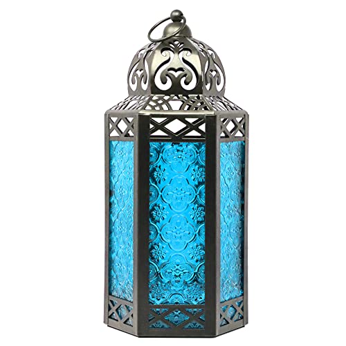 Vela Lanterns Decorative Indoor Candle Holder Table Centerpieces - Moroccan Hanging Outdoor Patio & Porch Home Decor, Turkish Lamp for Wedding, Ramadan (Large 12", Blue Glass) - color: Black/Blue, size: Large