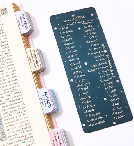 Quran Tabs – 120 Index of 114 Surah with Phonetic Transliteration, English & Ayah Count + 6 Blank for Dua or Juz | Islamic Study Tool | Free 99 Names of Allah Bookmark | Eid Muslim Gifts (Multiple)