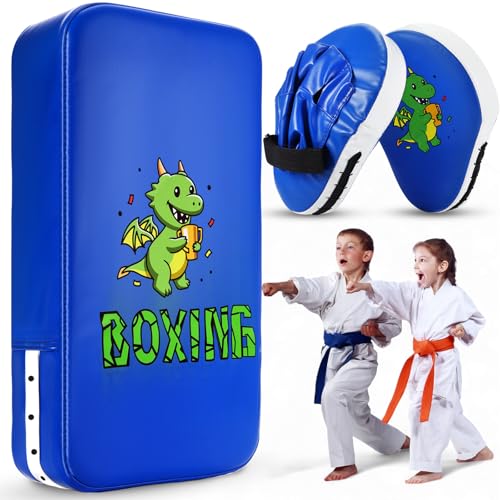 HyDren 2 Pcs Boxing Pad Set for Kids Blue Dragon Punching Mitts and Kicking Pads for Youth Teen Kickboxing Taekwondo Karate MMA Sparring Training Equipment Boys Girls Ages 3-14