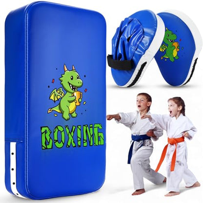 HyDren 2 Pcs Boxing Pad Set for Kids Blue Dragon Punching Mitts and Kicking Pads for Youth Teen Kickboxing Taekwondo Karate MMA Sparring Training Equipment Boys Girls Ages 3-14