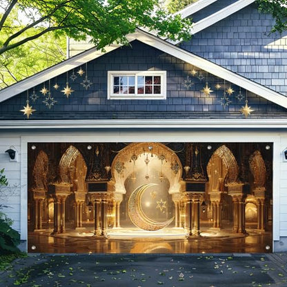 HOMETITUTE Ramadan Backdrop Eid Mubarak Ramadan Garage Door Banner 13x6ft Eid Mubarak Large Background Crescent Moon and Star Mosque Arch Design for Eid Celebration Outdoor Ramadan Decorations for Home