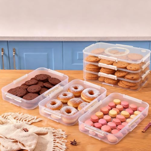 Plastic Cookie Storage Containers Airtight,3-Layer Food Storage Containers with Lid&Handle,Stackable Thicken Cookie Carrier for Transport Dumpling Storage Box,White