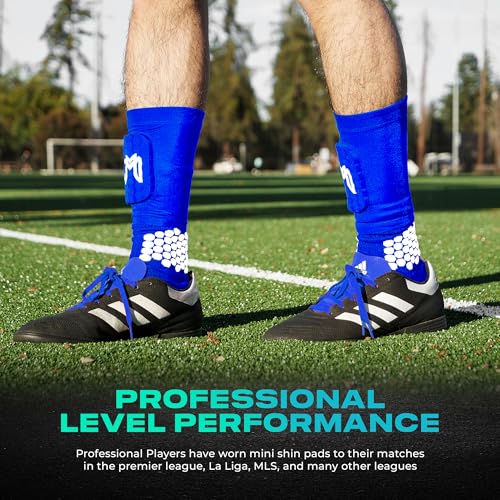 MediCaptain Mini Shin Guards Soccer – Built in Shin Pad Sleeves for Mens, Women, Teens - Small Shin Guards - Lightweight, Breathable Shin Defender Leg Protection - color: Blue, size: Mini (3.9 x 2.4 in)