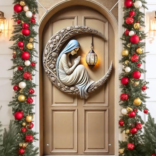 IVN Crescent Moon Lady Door Cover 71 x 35 Inches Beige and Blue Front Door Banner Muslim Prayer Decor Holiday Photo Backdrop Indoor And Outdoor Religious Holiday Decor