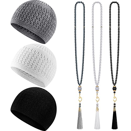 Jiuguva 6 Pcs Kufi Hats for Men Muslim Hat and Prayer Beads Set Stretchy Taqiyah Cap Large Head Sizes and Tasbih Beads - color: Classic