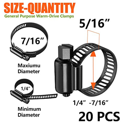 BOTTEN 20pcs Black Hose Clamp,1/4"-7/16"(6-12mm)304 Hose Clamps Stainless Steel Adjustable Worm Gear Hose Clamps Assortment Kit,radiator hose clamps fuel line clamps - size: 1/4''–7/16''