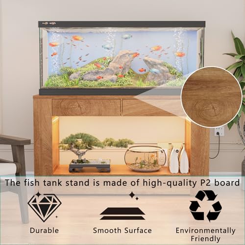 48" Aquarium Stand for 55–75/90 Gallon Tank,Heavy Duty Fish Tank Stand up to 1000 LBS,Aquarium Stand with Power Outlet & LED Light,2-Tier Turtle Reptile Tank Stand with Storage,Natural