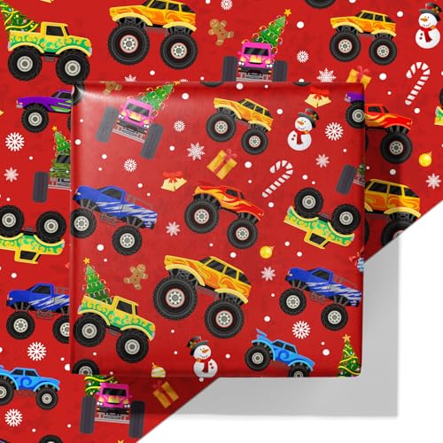 Cuitpan Red Monster Truck Christmas Wrapping Paper - Xmas Gift Wrap with Holiday Trees, Snowmen & Gingerbread Men Design - Ideal for Kids & Adults Gift Wrapping - 40×28 Inches, 4 Folded Sheets - color: Red-Monster Truck Christmas