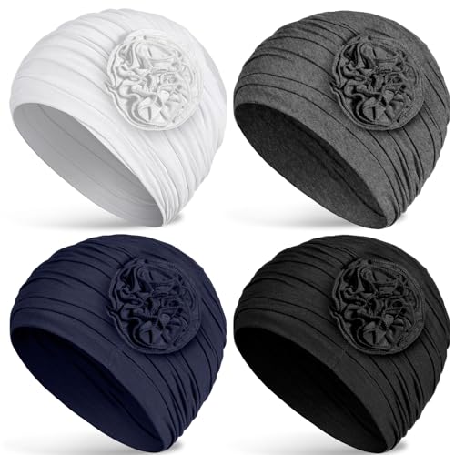 JenPen 4 Pcs Cotton Chemo Headwear for Women Turban Soft Cancer Head Scarf Hats Beanie Elastic Hair Wraps - color: Solid Color