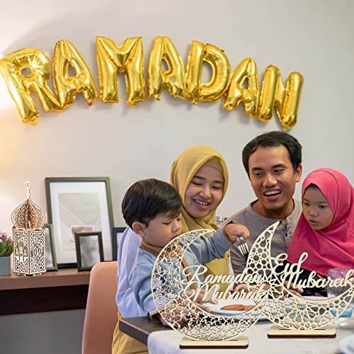 Jetec 5 Pcs Eid Ramadan Mubarak Decoration Large Size 14'' 10'' 10'' Ramadan Lantern Light 7'' Wooden Eid Mubarak Table Sign Hollow Moon Star Design Ramadhan Decoration for Home Islam Muslim Decor