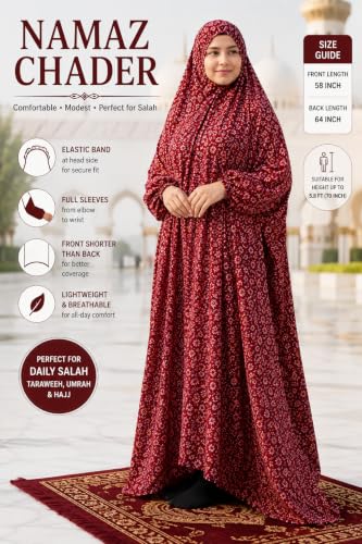 Women's Prayer Dress, One-Piece, Hibiscus Design, Lightweight, to be Worn Over Clothing, Free Size, 58 inch Front Length - color: Maroon