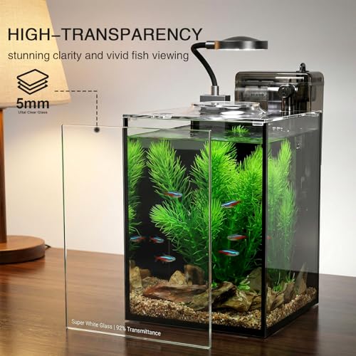 1.2 Gallon Betta Fish Tank, Small Aquarium Kit,Glass Small Fish Tank,Betta Fish Tank with a lid and Light and Filter, Small Transparent Glass Fish Tank with Light and Filter(Black Glass Background) - size: 1.2 Gallon