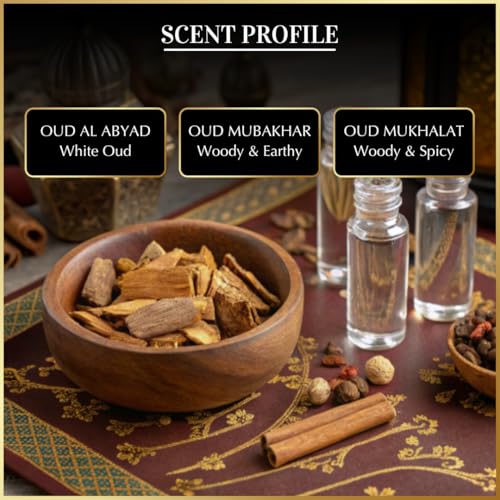 Dukhni Royal Oud Attar Oil Set Pure original Oudh oil, Islamic fragrances, Eid & Ramadan gifts for men and women | 3 assorted mini roll on perfume scents x 6ml | Arabic oudh oil, arab perfumes