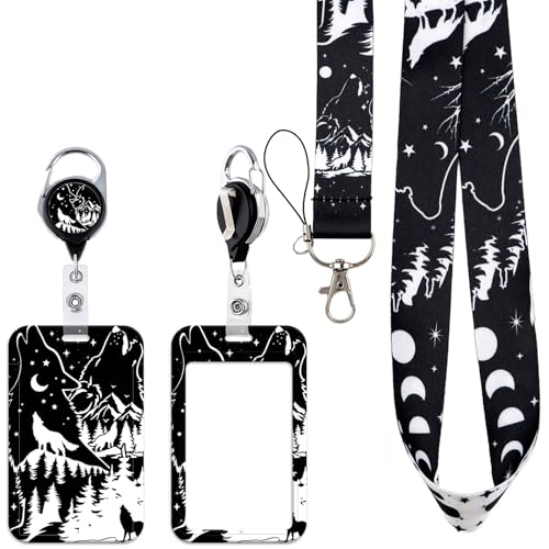 Moon & Wolf Lanyards for ID Badges – Cool Black and White Name Tag Holder with Glass Retractable Reel Clip, Outdoor ID Holder for Men, Traveler, School - style: Moon Wolf