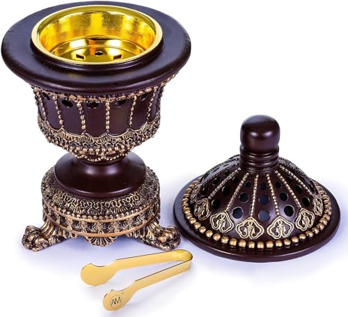AM Charcoal Incense Cone Burner – Resin & Charcoal Holder for Bakhoor – Decorative Mabkhara Style Aroma Diffuser for Home, Office, Relaxation Spaces – Complete Set with Tongs (Brown)