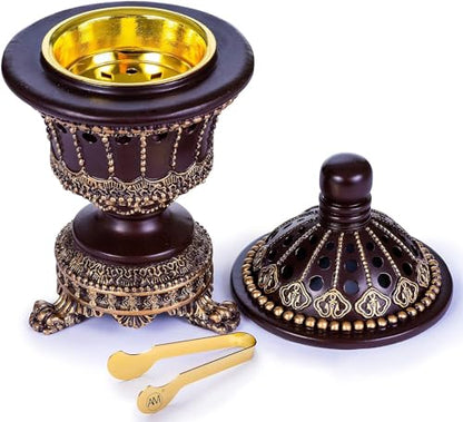 AM Charcoal Incense Cone Burner – Resin & Charcoal Holder for Bakhoor – Decorative Mabkhara Style Aroma Diffuser for Home, Office, Relaxation Spaces – Complete Set with Tongs (Brown)