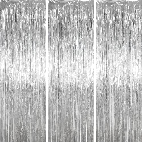 Voircoloria Silver Foil Fringe Backdrop Curtains, 3.3x6.6ft, 3pcs - color: Silver
