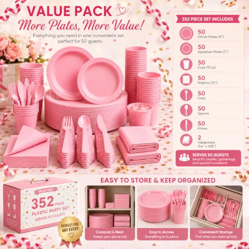 Tinybee 352 Pcs Pink Plastic Plates, Disposable Dinnerware Set for 50 - color: Pink