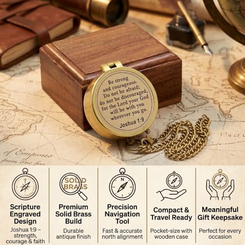 Compass – Brass Directional Vintage Compass Engraved with “Be Strong and Courageous” Joshua 1:9 Bible Verse, Baptism 2026 Communion Christian Inspirational Gifts for Women/Men - style: Be Strong 3- Wood Box