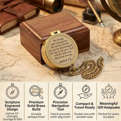 Compass – Brass Directional Vintage Compass Engraved with “Be Strong and Courageous” Joshua 1:9 Bible Verse, Baptism 2026 Communion Christian Inspirational Gifts for Women/Men - style: Be Strong 3- Wood Box