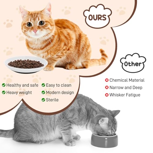 3 Pcs Ceramic Cat Food Bowls, Cute Cat Bowls, 5.9 Inch Cat Plates Set for Wet and Dry Food Water, White Flat Cat Dish with Non-Slip Base for Cats and Puppies (3 Kitten Patterns)