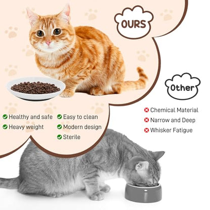 3 Pcs Ceramic Cat Food Bowls, Cute Cat Bowls, 5.9 Inch Cat Plates Set for Wet and Dry Food Water, White Flat Cat Dish with Non-Slip Base for Cats and Puppies (3 Kitten Patterns)