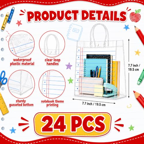 Cinrobiye 24 Pcs Back to School Notebook Paper Gift Bags with Handles, Clear Reusable Student Welcome Bags for Classroom Prizes, Teacher Supplies, Classroom Goodie Bags & First Day of School Favors - color: Blue and white