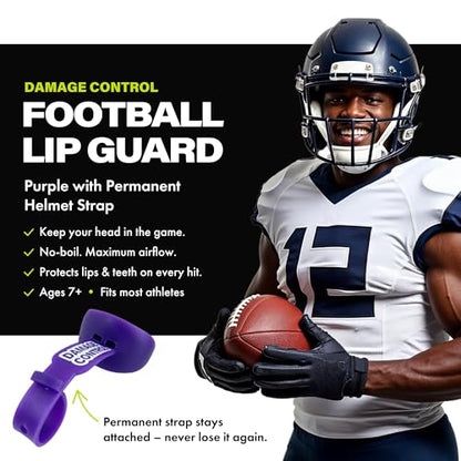 DAMAGE CONTROL Pacifier Football Mouth Guard – Permanent Strap – Purple | Youth Football Mouthpiece, No Boiling, Breathable Design, Protects Lips & Teeth, Works with Braces - color: Purple